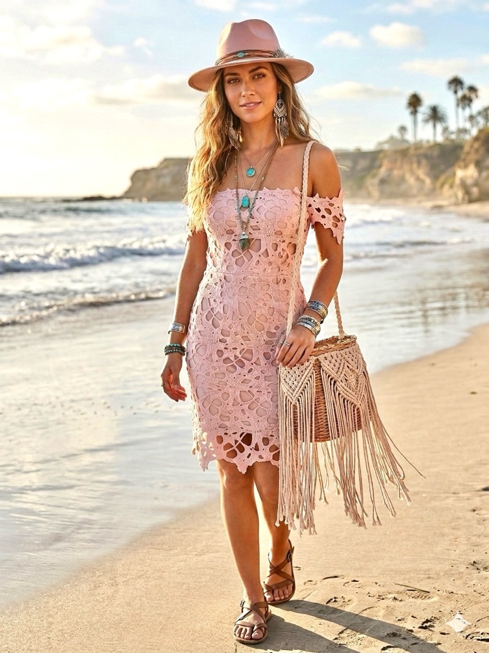 Blush lace off the shoulder midi boho dress w shabby chic vibe